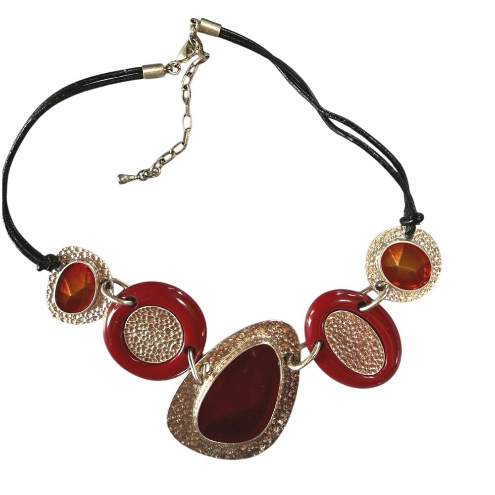 SKU3275 Vintage Red, Gold & Silver 5-Accent Statement Necklace